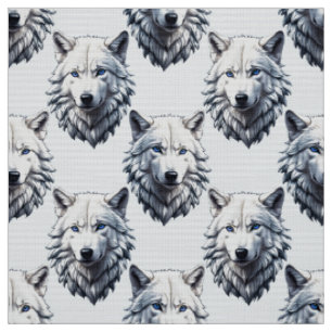 Tissu Motif de tête de loup blanc - Blanc