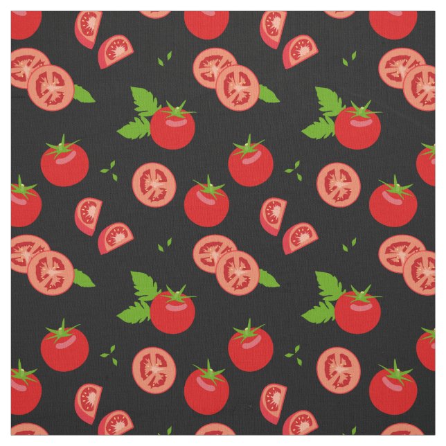 Tissu Motif de tomates et tranches de tomates sur noir (Échantillon)