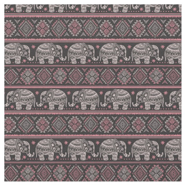 Tissu Motif d'éléphant ethnique noir (Fermer)