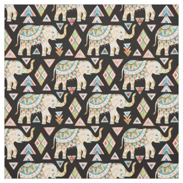 Tissu Motif d'éléphants indiens colorés mignons (Échantillon)