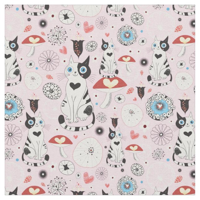 Tissu motif des chats et des fleurs (Fermer)