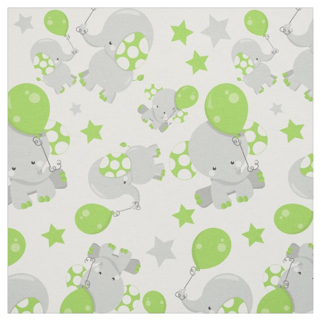 Tissu Motif Des Eléphants, Eléphants Mignons - Grey Vert (Échantillon)