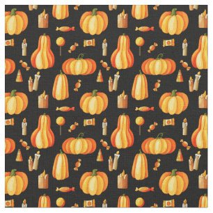 Tissu Motif d'Halloween, Citrouilles orange, Bonbons & B