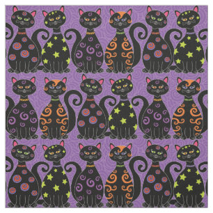 Tissu Motif d'Halloween violet aux chats noirs mignons