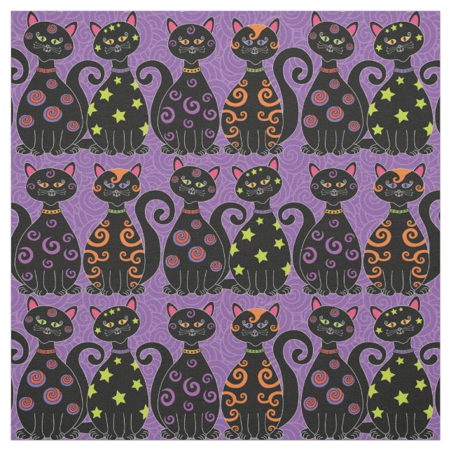 Tissu Motif d'Halloween violet aux chats noirs mignons (Échantillon)