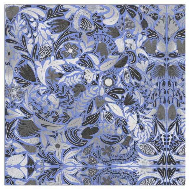 Tissu Motif d'illustration Feuilles floral bleu argent (Fermer)