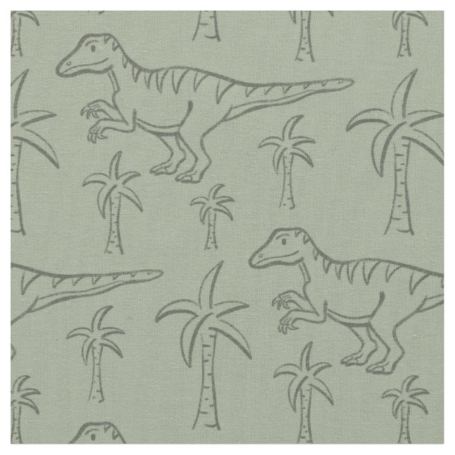 Tissu Motif dinosaure moderne garçon jungle vert sauge (Fermer)
