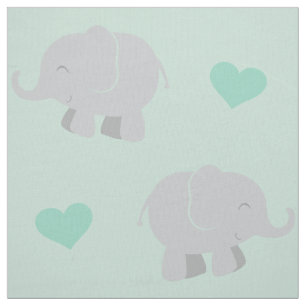 Tissu Motif éléphant et cœur gris et menthe mignon