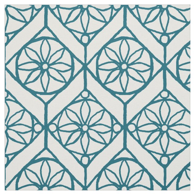 Tissu Motif ethnique sarcelle sur fond blanc, Fleurs, Ch (Échantillon)
