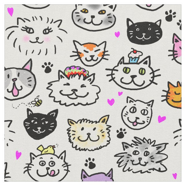 Tissu Motif face chats Whimsical (Fermer)