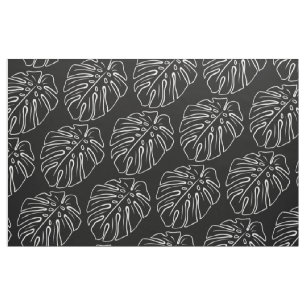 Tissu Motif Feuille Tropical Blanc Sur Noir Élégant