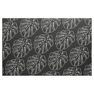 Tissu Motif Feuille Tropical Blanc Sur Noir Élégant