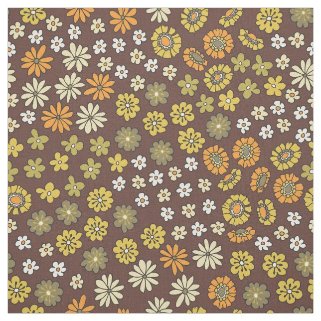 Tissu Motif Fleurs Petites Rétro Orange Jaune Marron (Échantillon)