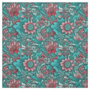 Tissu Motif Floral, Aqua, Turquoise, Turquoise et Gris