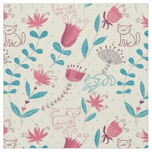 Tissu Motif floral avec des chats de bande dessinée
