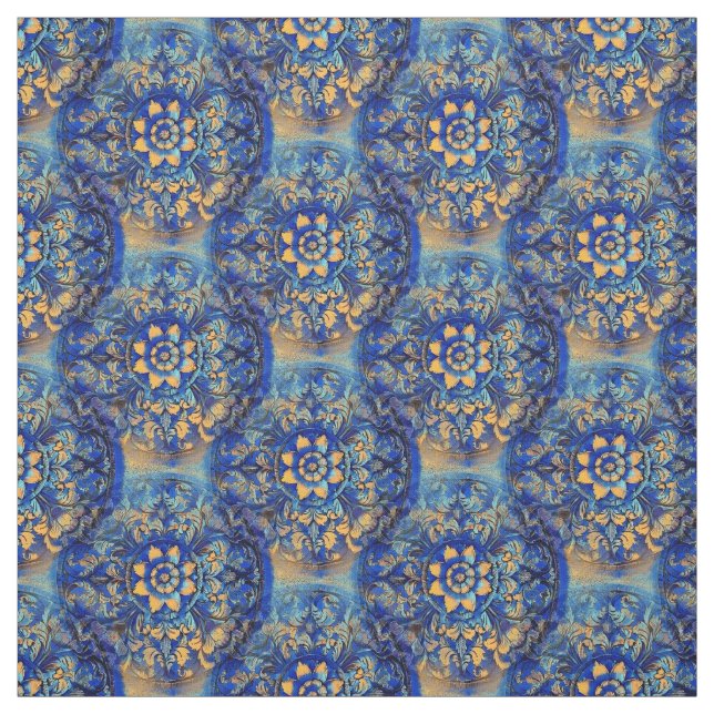 Tissu Motif floral bleu jaune cercle (Échantillon)