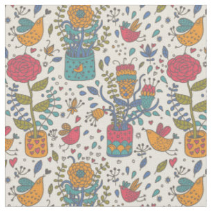 Tissu Motif floral de bande dessinée avec les oiseaux 2