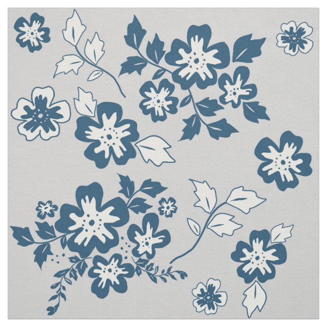 Tissu Motif floral de bleu marine, gris et blanc (Échantillon)