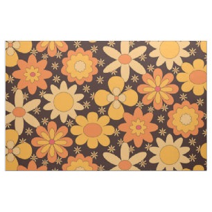Tissu Motif floral rétro groovy jaune et orange