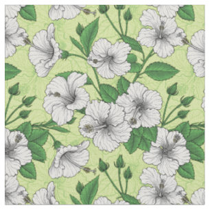 Tissu Motif floral tropical à fleurs d'Hibiscus blanc