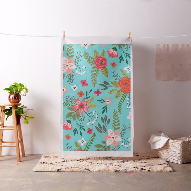 Tissu Motif floral turquoise et corail (In Situ)
