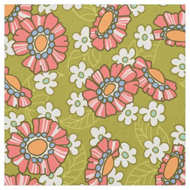Tissu Motif floral vert et rose rétro (Fermer)