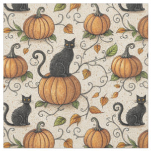 Tissu Motif Halloween Chats Noirs et Citrouilles