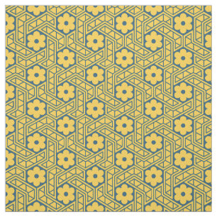 Tissu Motif Hexagone Fleur Rétro - Jaune et Bleu