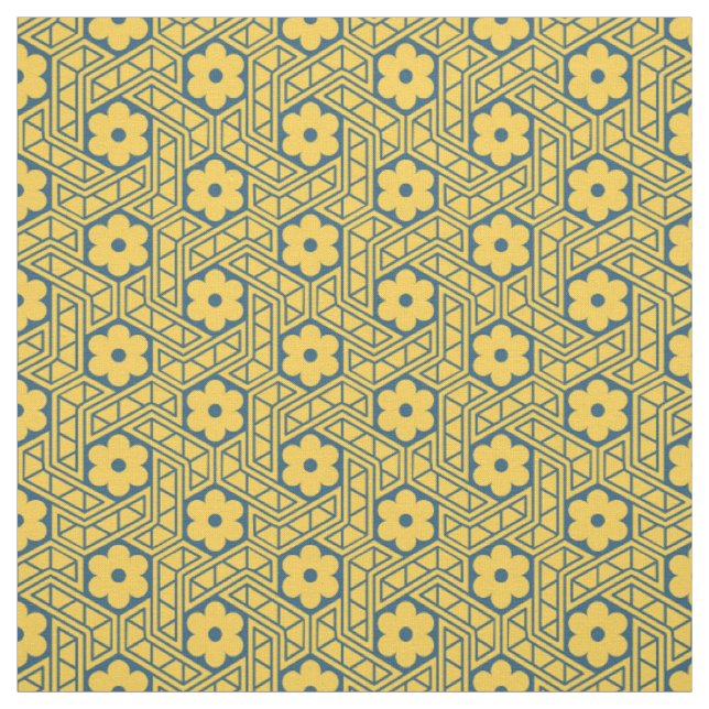Tissu Motif Hexagone Fleur Rétro - Jaune et Bleu (Échantillon)