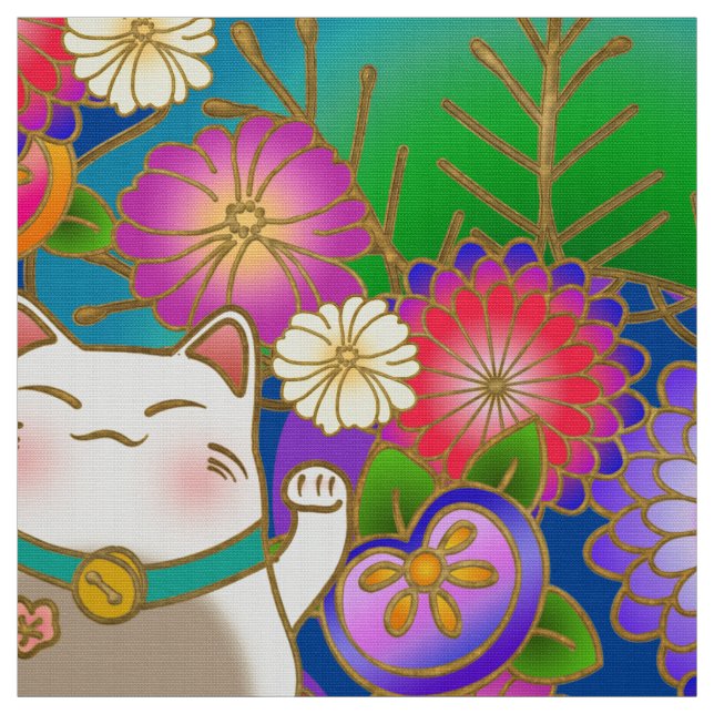 Tissu motif japonais avec chat chanceux (Échantillon)