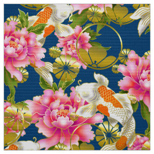 Tissu motif japonais avec Koi, fleurs et mon
