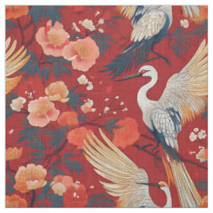 Tissu motif japonais grues rouges et pivoines