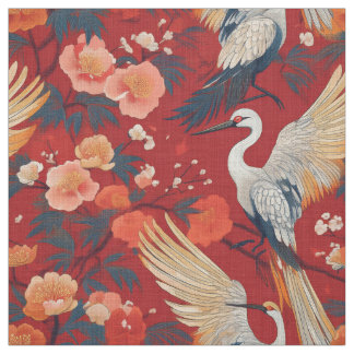 Tissu motif japonais grues rouges et pivoines