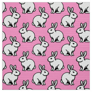 Tissu Motif lapins - noir et blanc avec rose