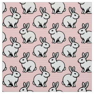 Tissu Motif lapins - Noir et blanc avec rose pâle