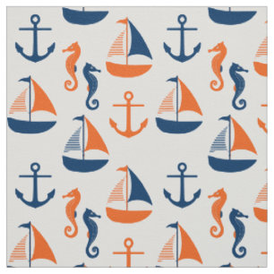 Tissu Motif marin bleu et orange