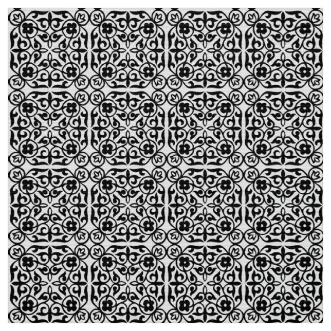 Tissu Motif médiéval de damassé, noir et blanc (Échantillon)