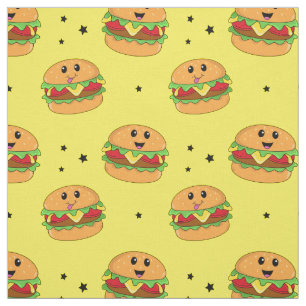 Tissu Motif mignon de cheeseburger Kawaii sur fond jaune
