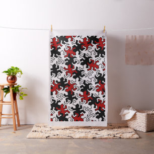 Tissu Motif Mosaic Geckos - rouge noir blanc