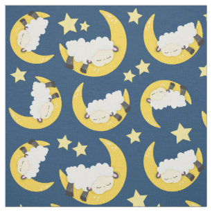 Tissu Motif mouton, Mouton couché, Lune, Étoiles