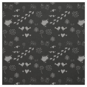 Tissu motif noir et gris d'oiseaux, de points, de pas,