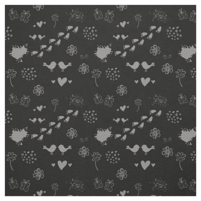 Tissu motif noir et gris d'oiseaux, de points, de pas, (Échantillon)