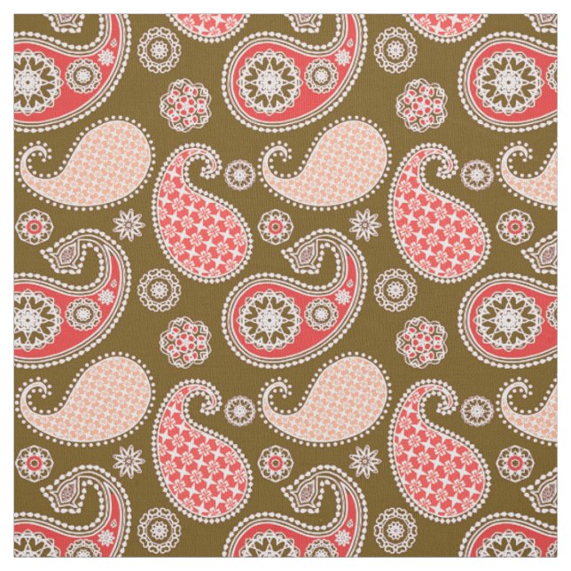 Tissu Motif Paisley, corail et chocolat (Échantillon)