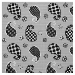 Tissu Motif Paisley, gris argenté, noir et blanc