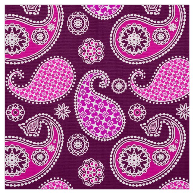 Tissu Motif Paisley, rose fuchsia, violet et blanc (Échantillon)