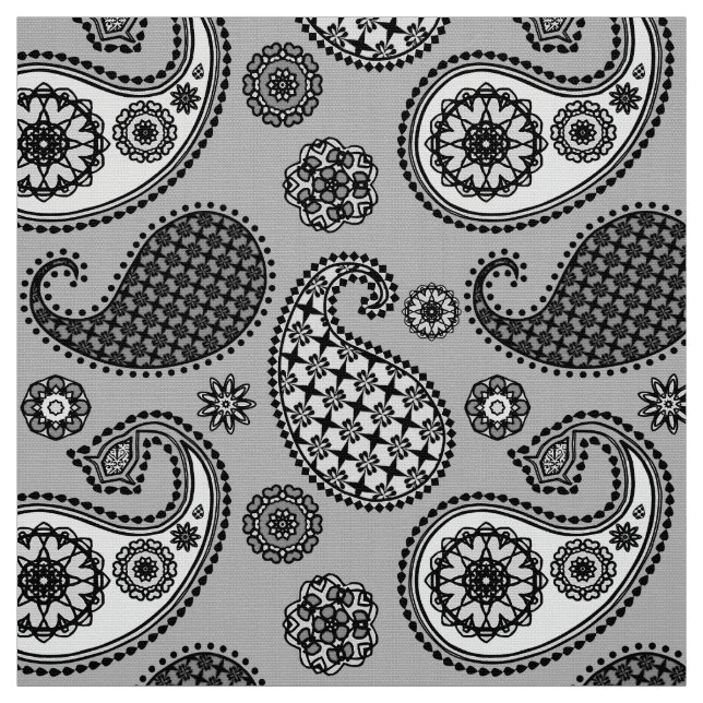 Tissu Motif Paisley, tons gris, noir et blanc (Échantillon)