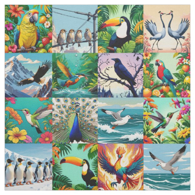 Tissu Motif patchwork d'oiseaux  (Échantillon)
