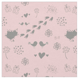 Tissu Motif rétro rose et gris d'oiseaux, points, pour