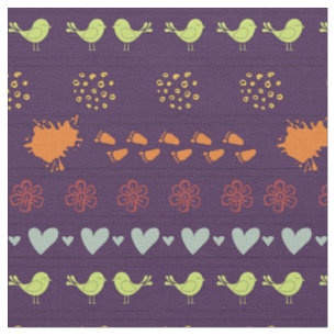 Tissu Motif rétro violet et coloré d'oiseaux, de points,