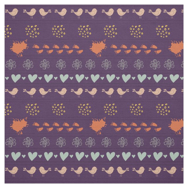 Tissu Motif rétro violet et gris des oiseaux, des points (Échantillon)